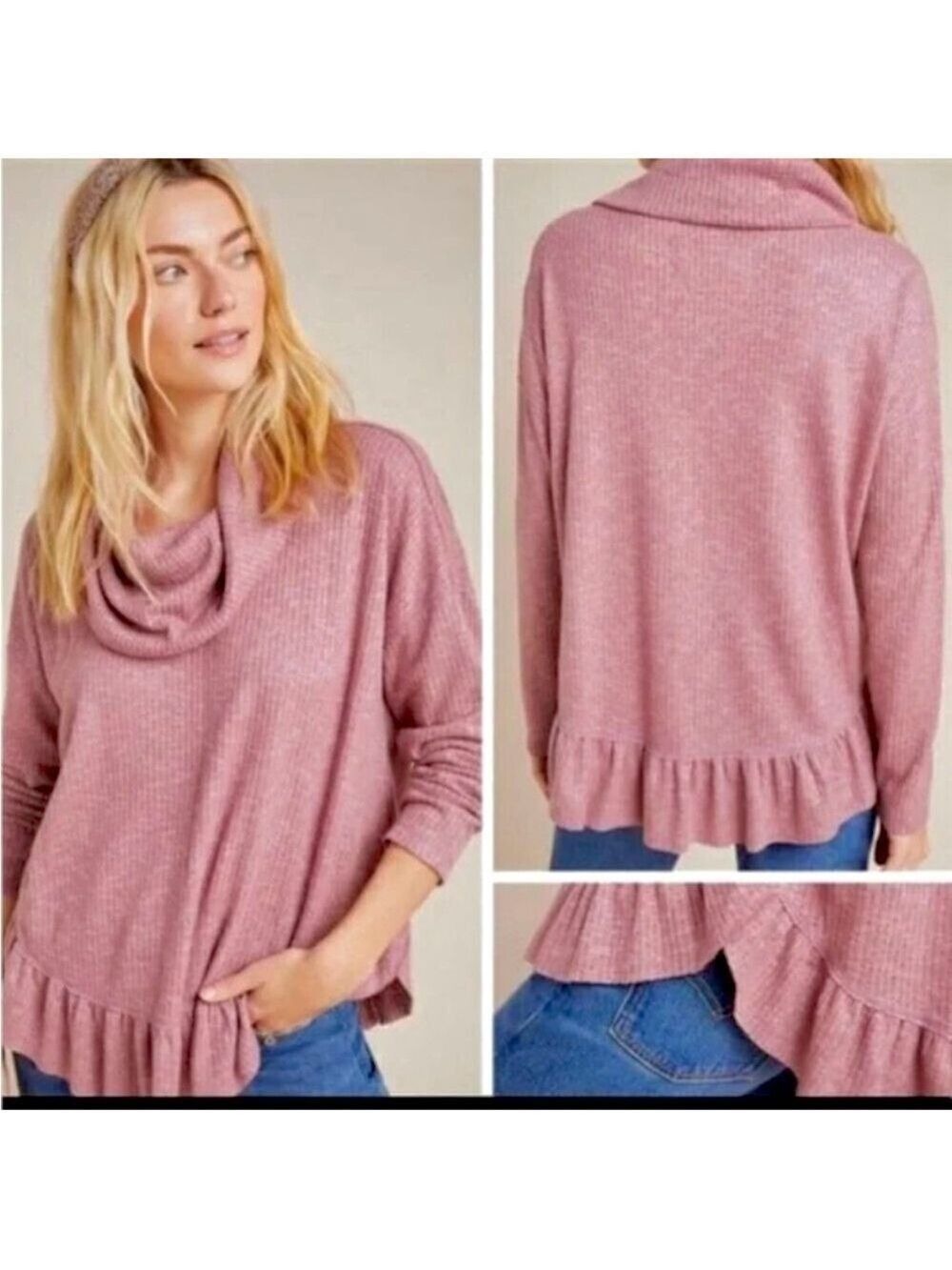 MAEVE Anthropologie Addie Ruffled Hacci Sweater Cowl Neck in Mauve Size Small